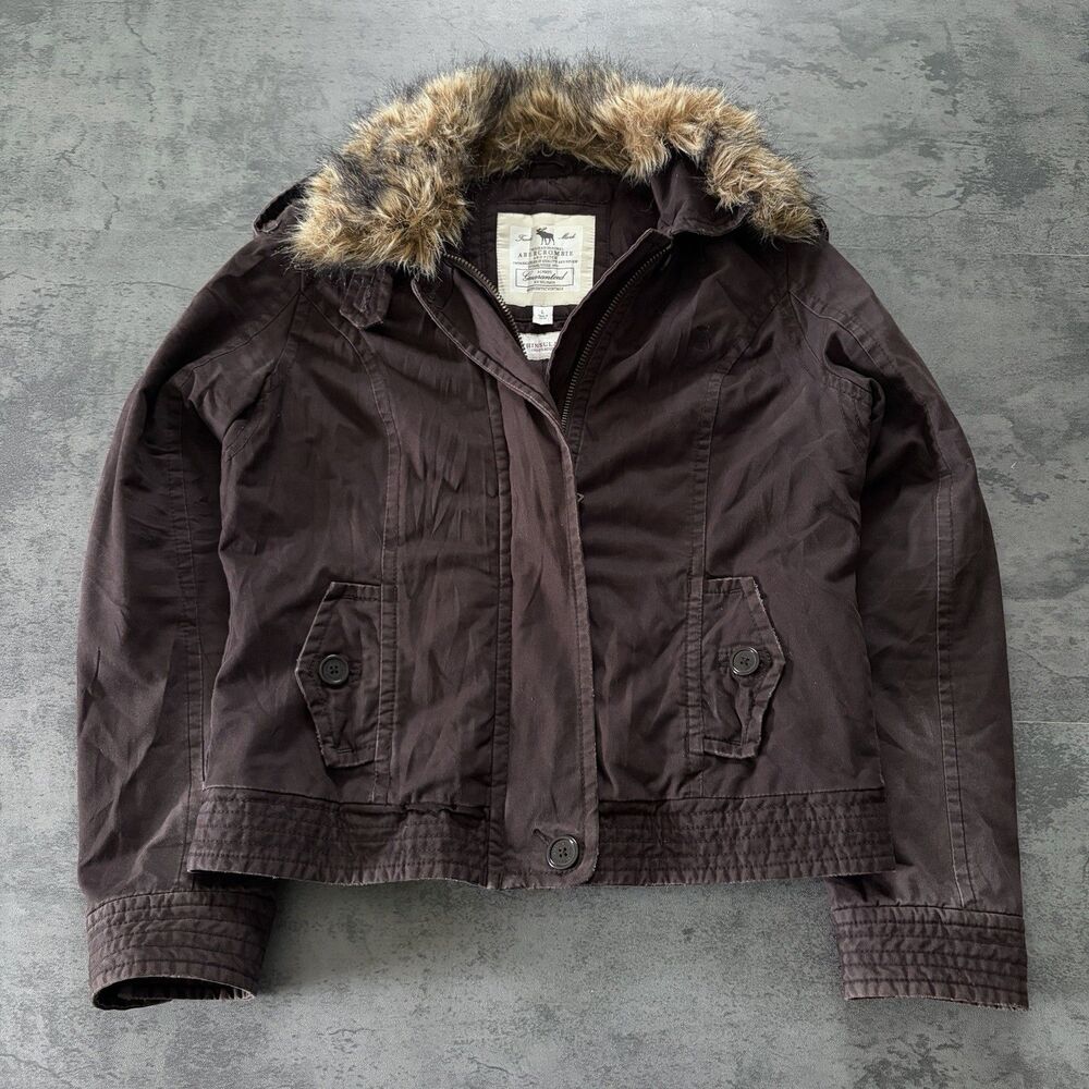 Vintage Y2K Abercrombie & Fitch Women Faux Fur Collar Bomber Jacket Brown Size L